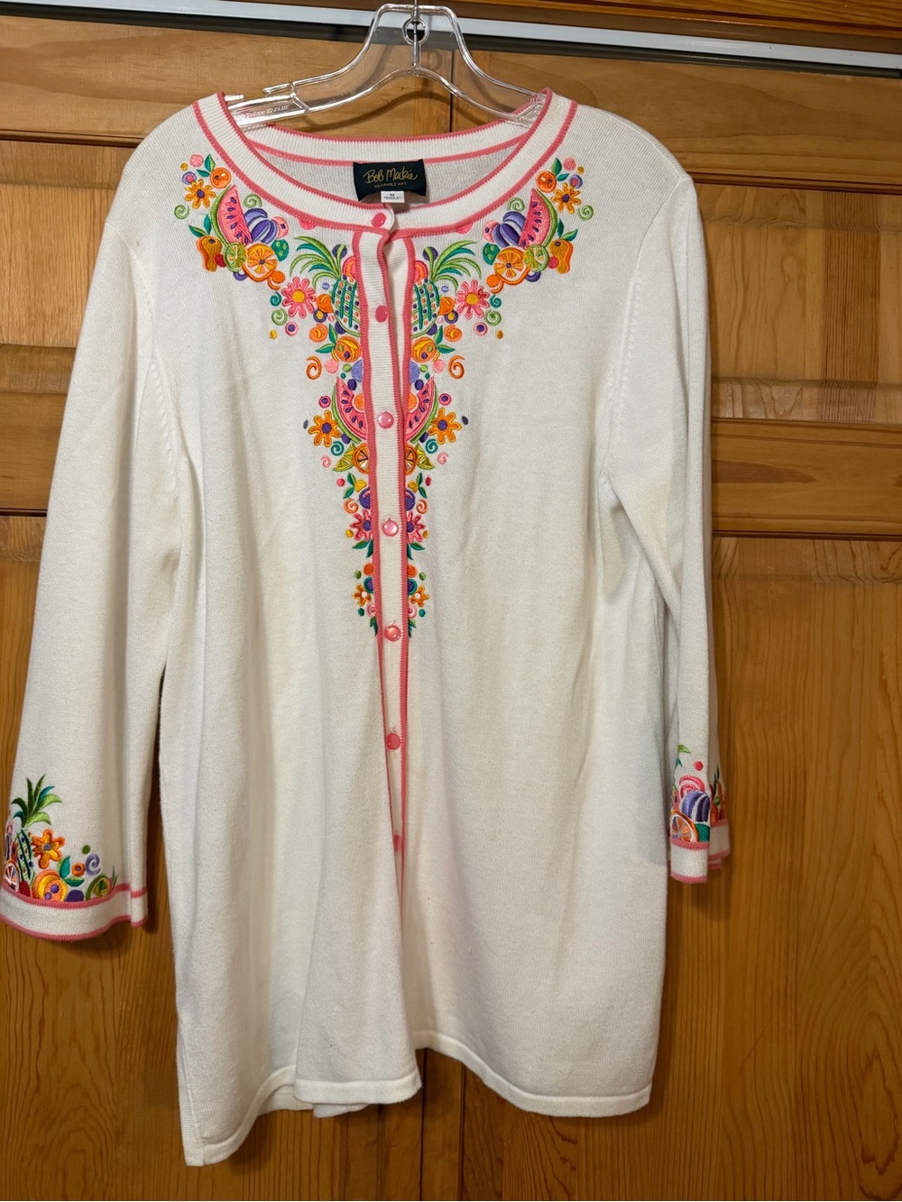 Bob Mackie White Button-Front Top with Multicolor Floral Embroidery